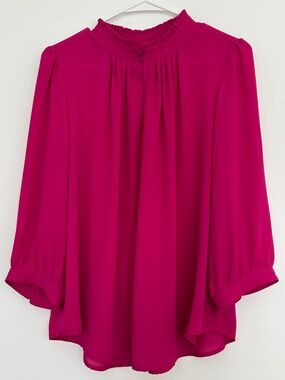 NWOT Worthington Petite PXL Magenta Blouse 3/4 Sleeve Ruffled Mock Neck Pleated